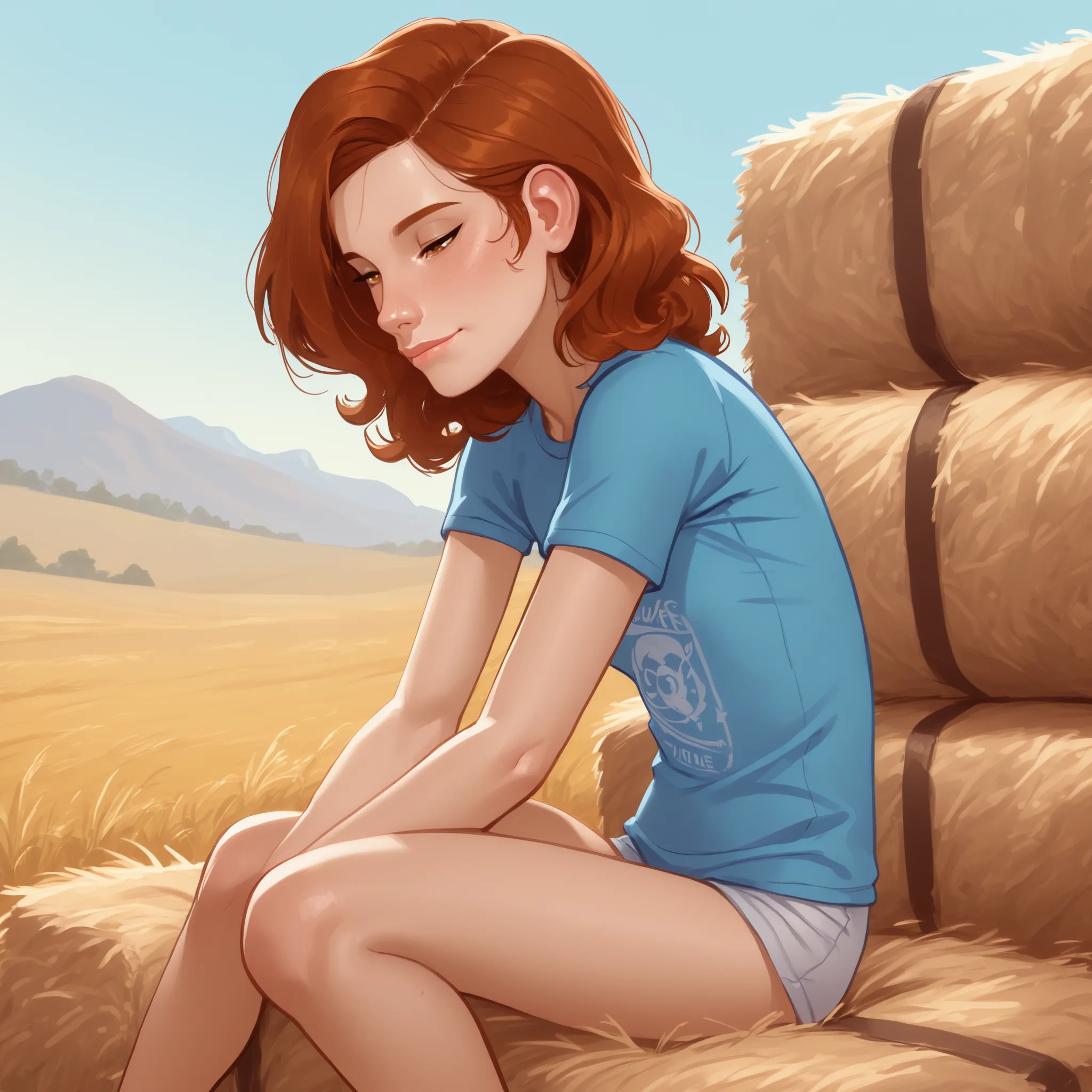 (1girl), (solo) Create a beautiful young woman who is sitting on a bale of hay in the countryside, White Caucasian type , vue le corps entier de la tête aux pieds, youthful face, Yeux verts, disheveled auburn hair pulled back, Very thin , anorexique, sm...