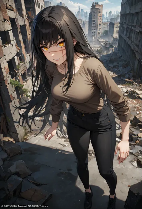 high resolution image, ultra quality, highly detailed, masterpiece, best quality, Amazing Quality, official art, 8K,  high-quality textures , (1 girl), Yoru Breasts, a full body girl, (scar on face:1.1), ringed eyes, yellow eyes, long hair, black hair, med...