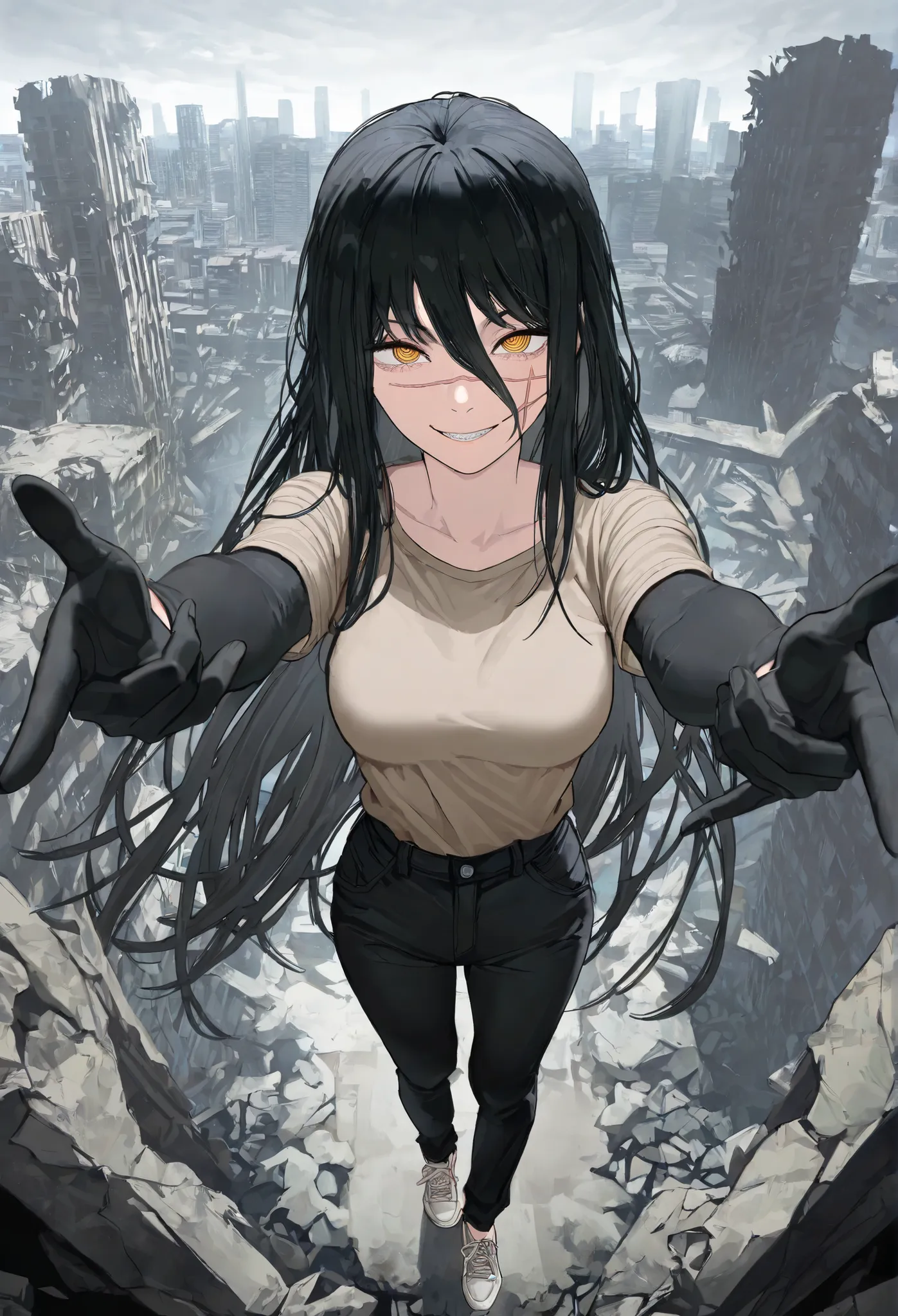 high resolution image, ultra quality, highly detailed, masterpiece, best quality, Amazing Quality, official art, 8K, Ultra-detailed chart, (1 girl), Your, \(chainsaw man\), a full body girl, (scar on face:1.1), ringed eyes, yellow eyes, ultra detailed eyes...