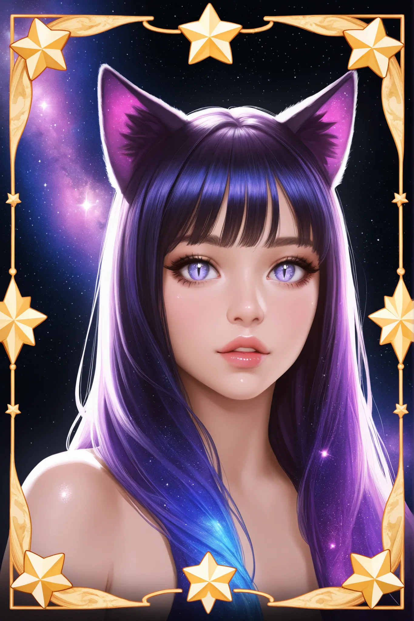 1girl, ultrarealistic, cosmic, sparkle, solo, animal_ears,cosmic,stardust_face, ultralong_hair, star_(symbol),female_cancer_zodiac_cat,cancer_zodiac_cat,beautiful_cosmic_ultra_long_lashes_eyes, cosmic_eyes, looking_at_viewer, cat_ears, multicolor_hair, ban...