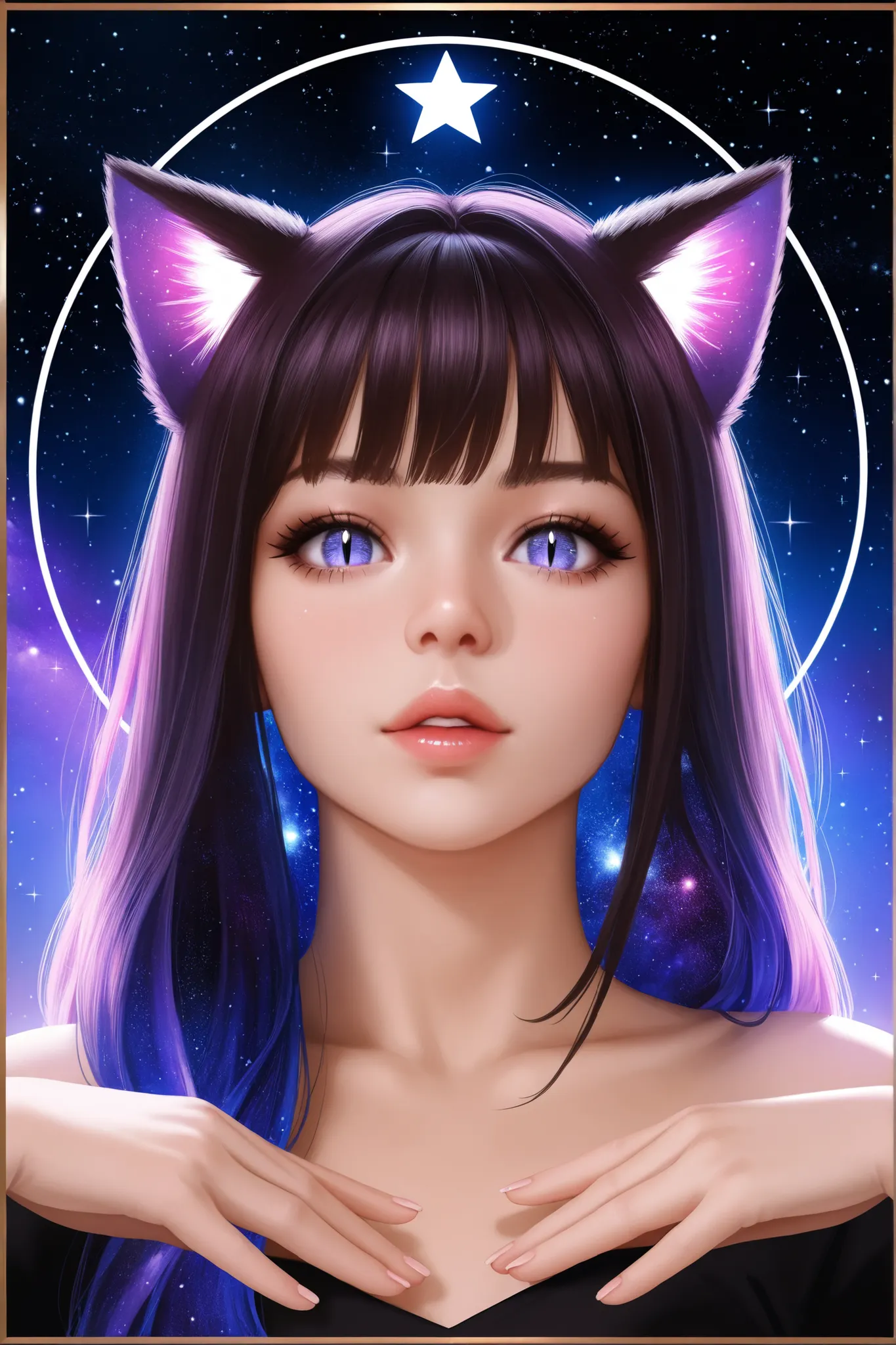 1girl, ultrarealistic, cosmic, sparkle, solo, animal_ears,cosmic,stardust_face, ultralong_hair, star_(symbol),female_cancer_zodiac_cat,cancer_zodiac_cat,beautiful_cosmic_ultra_long_lashes_eyes, cosmic_eyes, looking_at_viewer, cat_ears, multicolor_hair, ban...