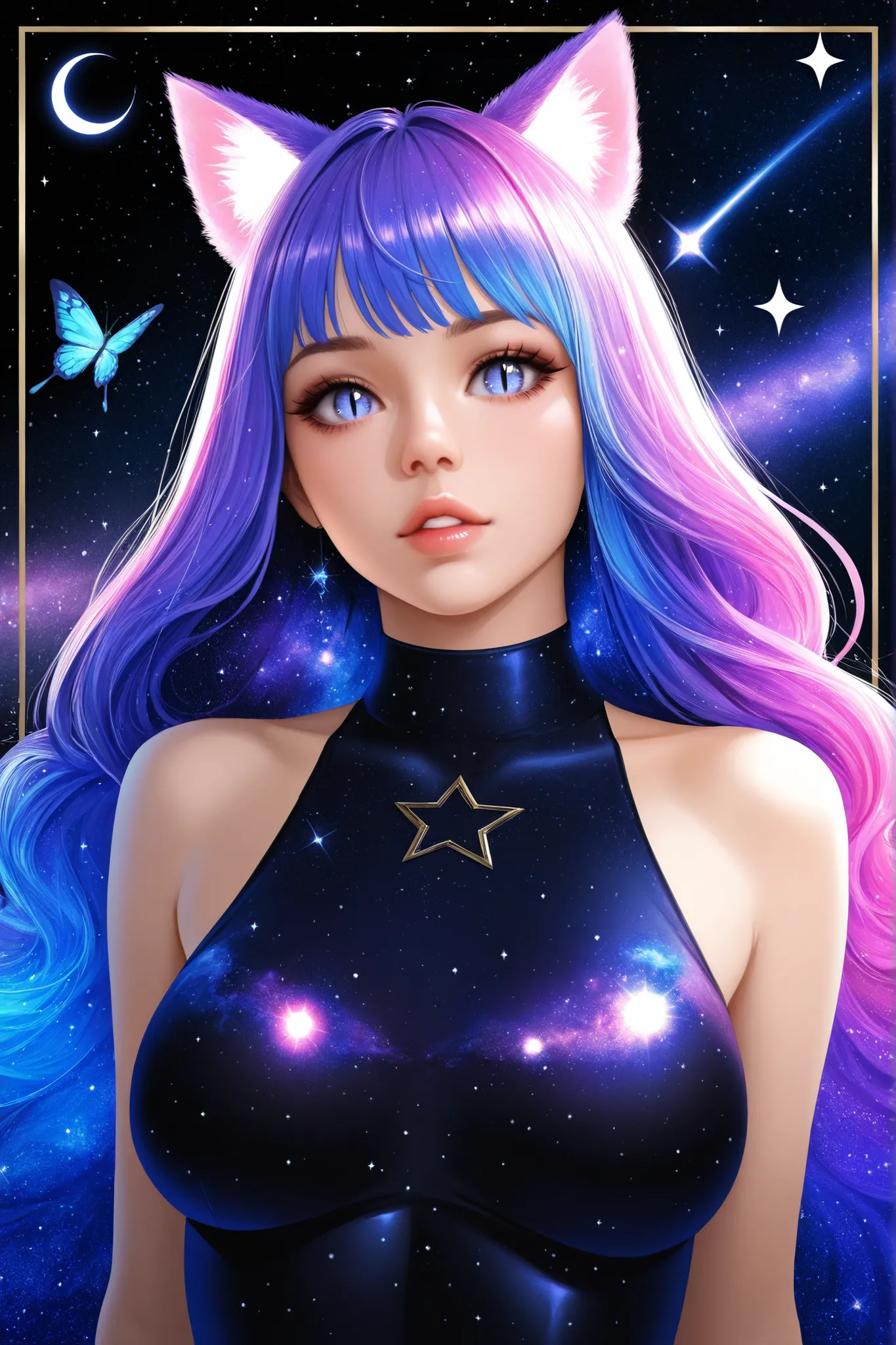 1girl, ultrarealistic, cosmic, sparkle, solo, animal_ears,cosmic,stardust_face, ultralong_hair, star_(symbol),female_cancer_zodiac_cat,cancer_zodiac_cat,beautiful_cosmic_ultra_long_lashes_eyes, cosmic_eyes, looking_at_viewer, cat_ears, multicolor_hair, ban...