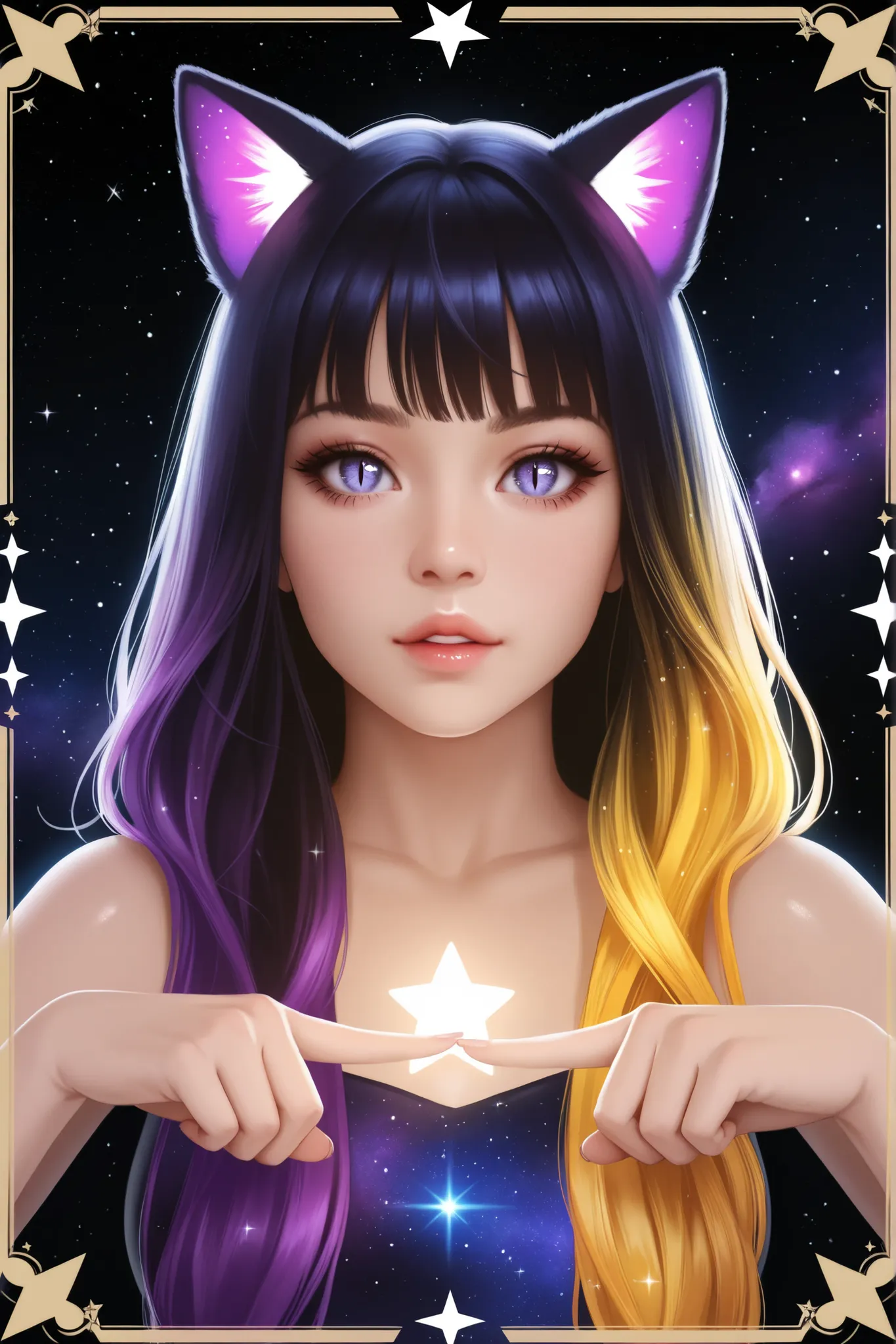1girl, ultrarealistic, cosmic, sparkle, solo, animal_ears,cosmic,stardust_face, ultralong_hair, star_(symbol),female_cancer_zodiac_cat,cancer_zodiac_cat,beautiful_cosmic_ultra_long_lashes_eyes, cosmic_eyes, looking_at_viewer, cat_ears, multicolor_hair, ban...