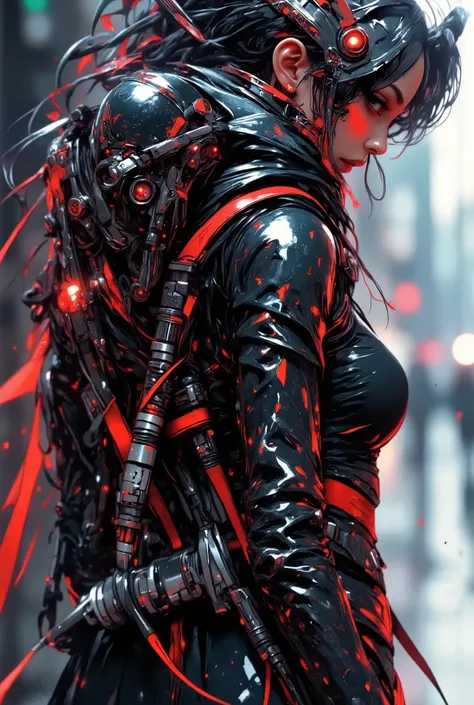 mythp0rt, Inkpunk Anime BREAK, cyberpunk robot samurai woman, robot face with mirrored face shield, hyperdetailed helmet, flowing black hair, reflective black and red armor, robot joints, body made of metals, cables and wires, a katana strapped to her back...