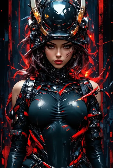 mythp0rt, Inkpunk Anime BREAK, cyberpunk robot samurai woman, robot face with mirrored face shield, hyperdetailed helmet, flowing black hair, reflective black and red armor, robot joints, body made of metals, cables and wires, a katana strapped to her back...