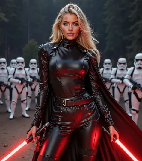 Jean Watts as a Mara Jade Skywalker with perfect eyes with long black hair, dressed in tight leather turtleneck combat outfit with pauldrons, using a red lightsaber, a hooded cape, strong seductive makeup, bedroom eyes, evil smirk, arrogant smirk, cinemati...