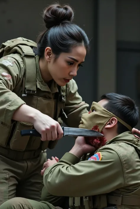 Realistic, real quality, beautiful woman, woman 20 year old, woman cuts neck boy, woman killing boy, blood splashed in neck boy, woman thick hair, woman hair bun very big, boy 25 year old, woman Delta force Camuflase white outfit, woman delta force armor, ...