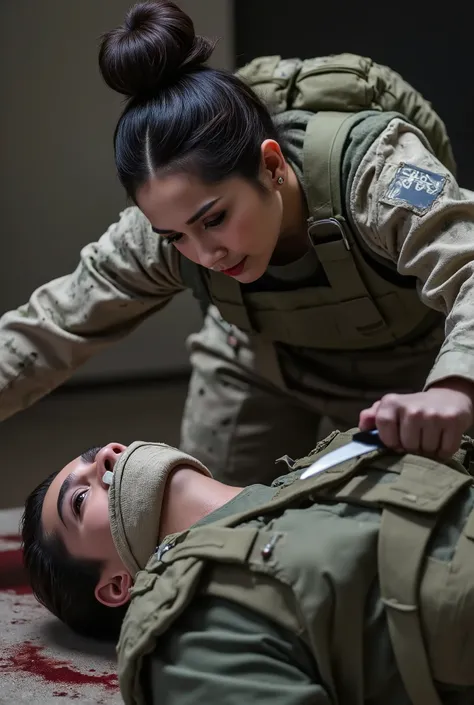 Realistic, real quality, beautiful woman, woman 20 year old, woman cuts neck boy, woman killing boy, blood splashed in neck boy, woman thick hair, woman hair bun very big, boy 25 year old, woman Delta force Camuflase white outfit, woman delta force armor, ...
