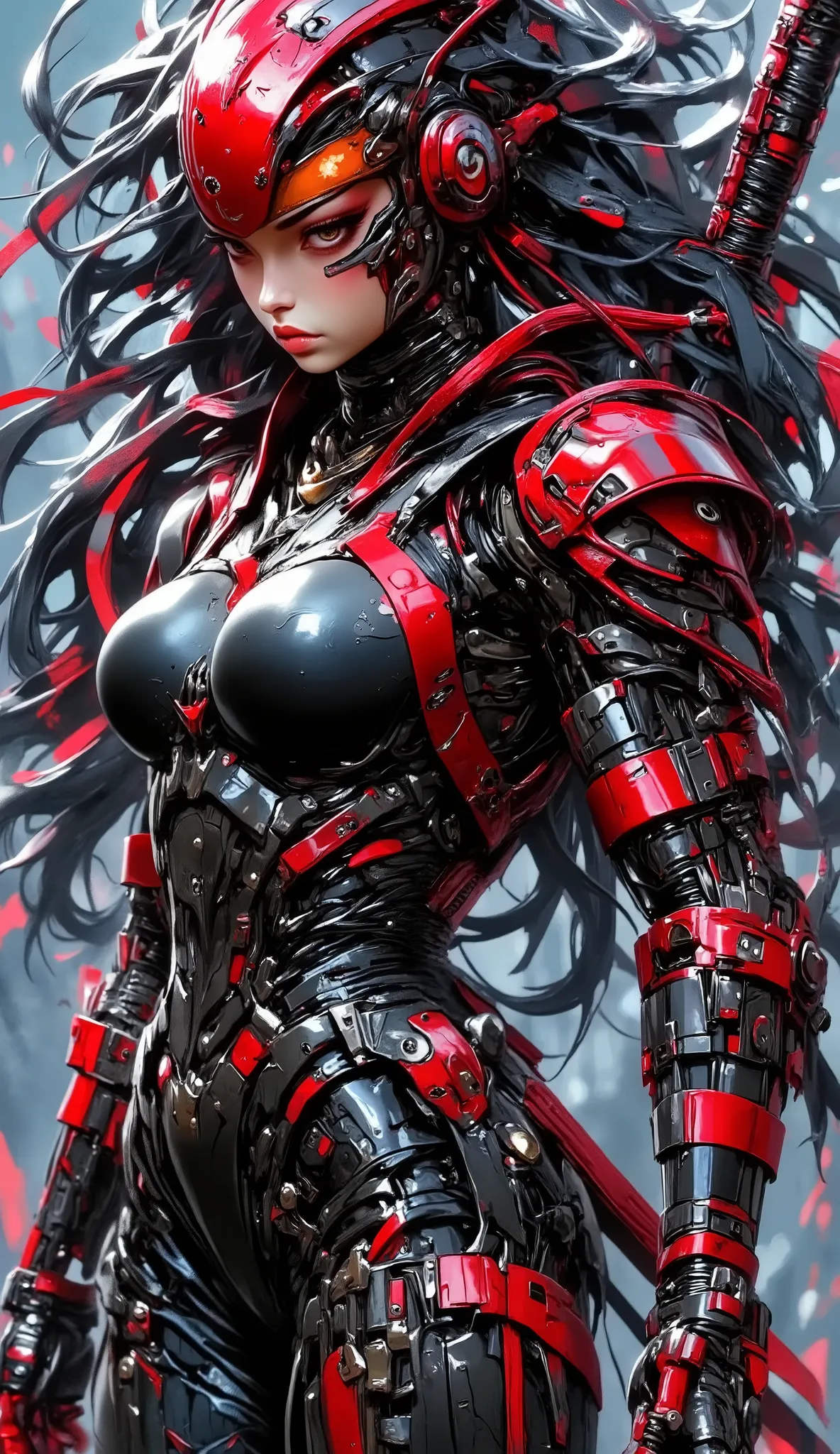 mythp0rt, Inkpunk Anime BREAK, cyberpunk robot samurai woman, robot face with mirrored face shield, hyperdetailed helmet, flowing black hair, reflective black and red armor, robot joints, body made of metals, cables and wires, a katana strapped to her back...
