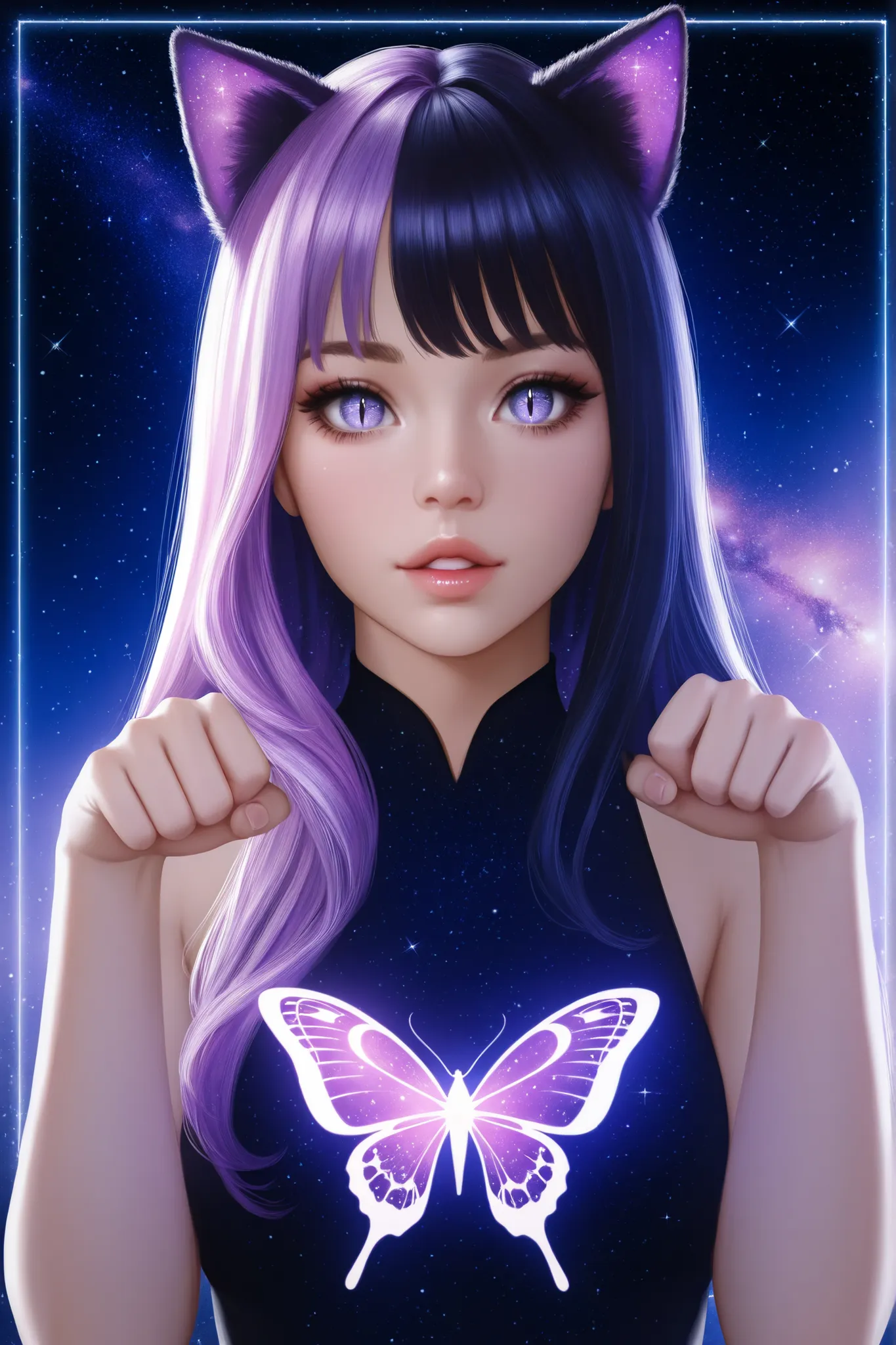 1girl, ultrarealistic, cosmic, sparkle, solo, animal_ears,cosmic,stardust_face, ultralong_hair, star_(symbol),female_cancer_zodiac_cat,cancer_zodiac_cat,beautiful_cosmic_ultra_long_lashes_eyes, cosmic_eyes, looking_at_viewer, cat_ears, multicolor_hair, ban...