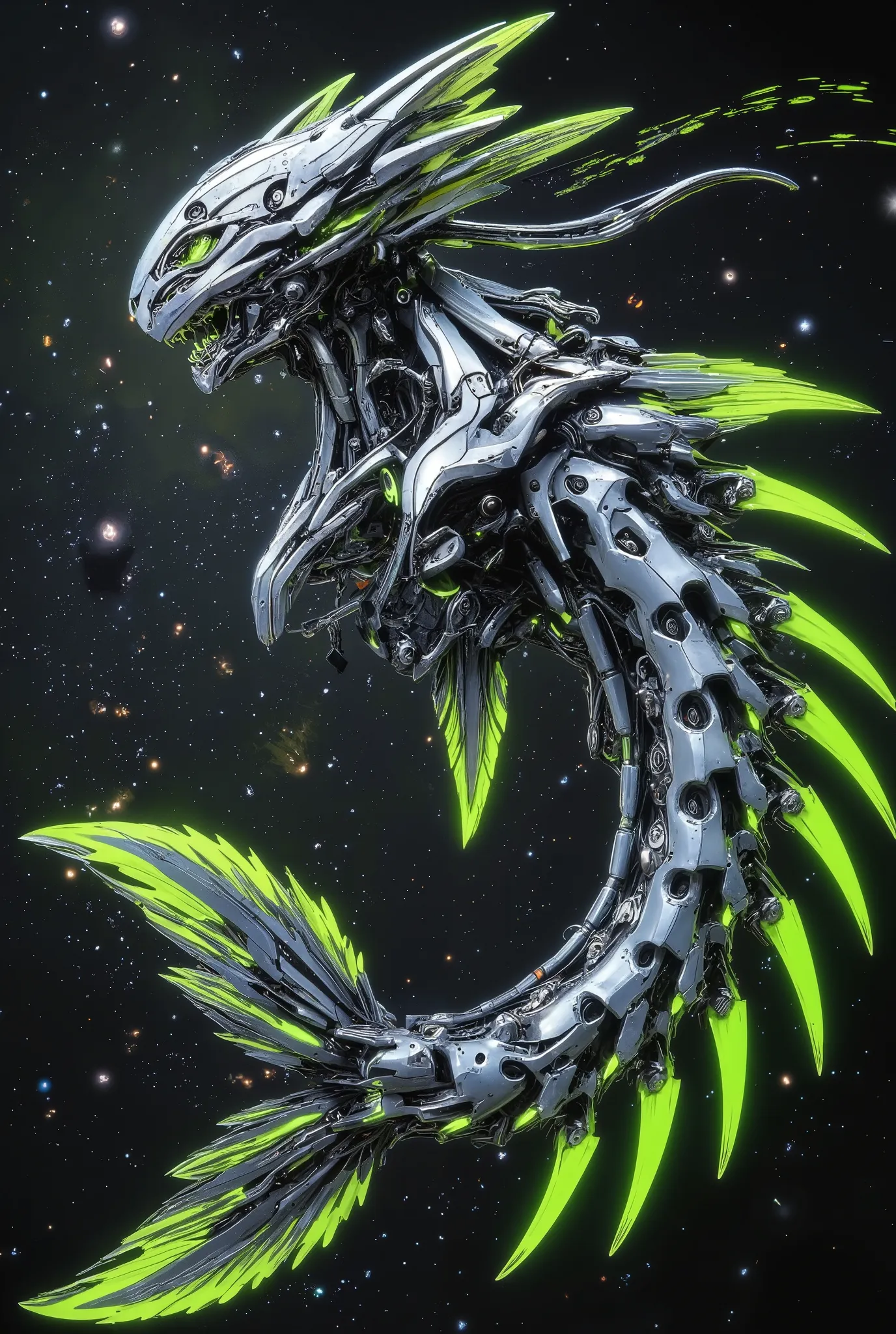A robotic cat-fish portrayed in a Galactic Neon Graffiti style, combining vibrant, glowing edges with street art aesthetics and cosmic elements. Use a bold color palette of silver and emerald green to accentuate the dynamic energy --ar 3:2 --v 7.0