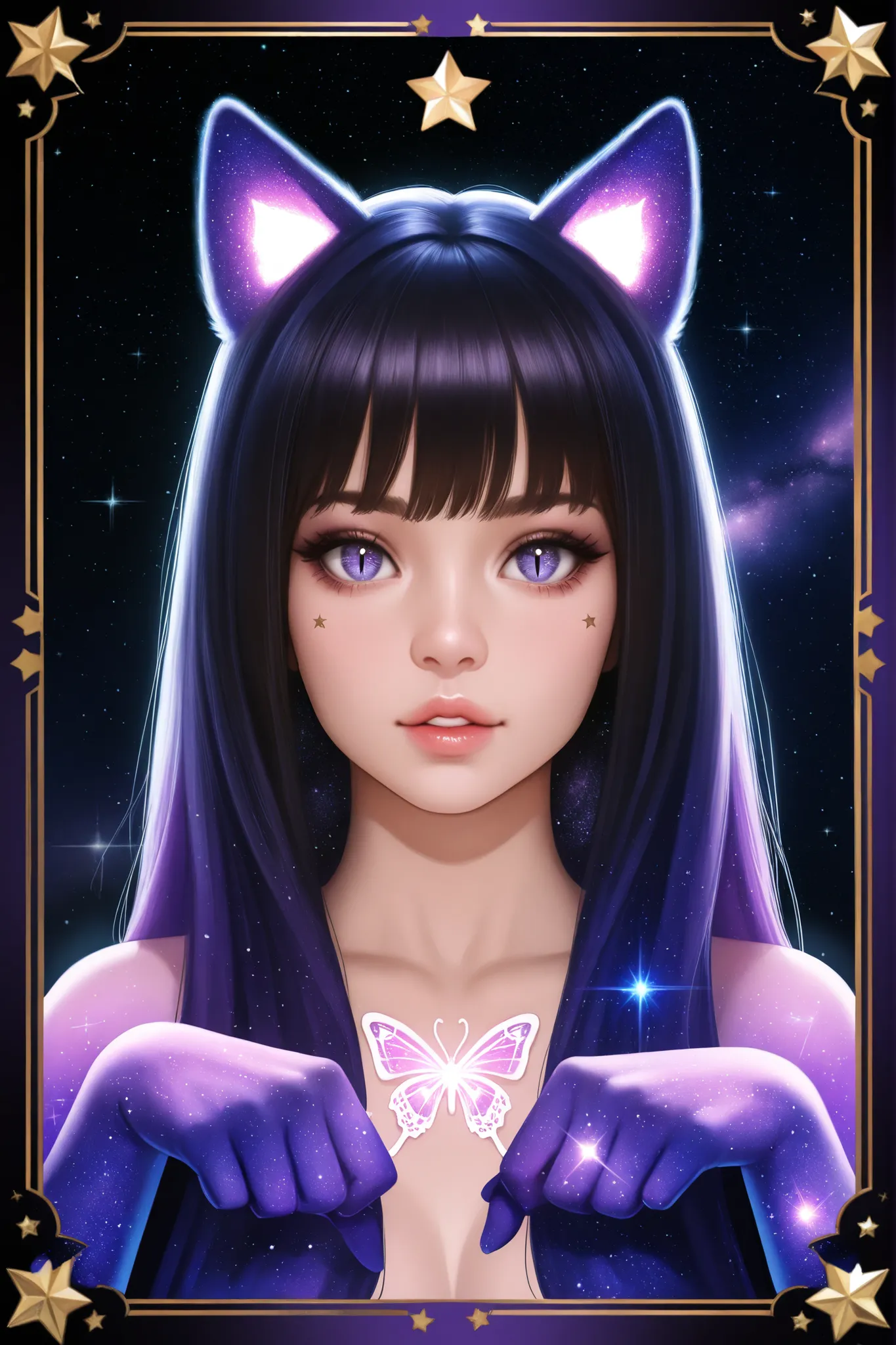 1girl, ultrarealistic, cosmic skin,cosmic face, sparkle, solo, animal_ears, cosmic,stardust_face, ultralong_hair, star_(symbol),female_cancer_zodiac_cat,cancer_zodiac_cat,beautiful_cosmic_ultra_long_lashes_eyes, cosmic_eyes, looking_at_viewer, cat_ears, m...