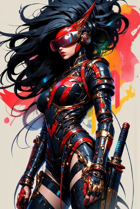 mythp0rt, Inkpunk Anime BREAK, cyberpunk robot samurai woman, robot face with mirrored face shield, hyperdetailed helmet, flowing black hair, reflective black and red armor, robot joints, body made of metals, cables and wires, a katana strapped to her back...