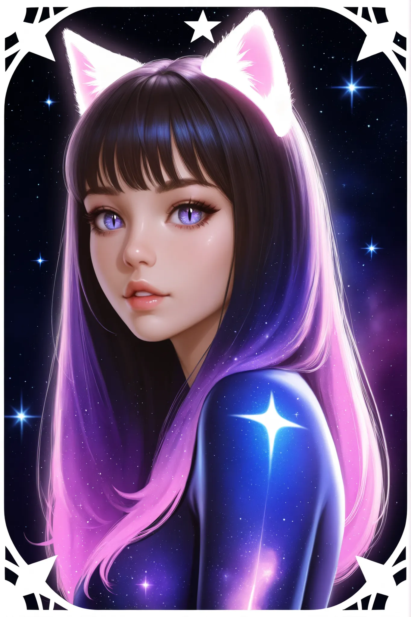 1girl, ultrarealistic, cosmic skin,cosmic face, sparkle, solo, animal_ears, cosmic,stardust_face, ultralong_hair, star_(symbol),female_cancer_zodiac_cat,cancer_zodiac_cat,beautiful_cosmic_ultra_long_lashes_eyes, cosmic_eyes, looking_at_viewer, cat_ears, m...