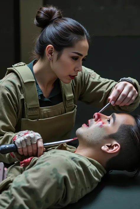 Realistic, real quality, beautiful woman, woman 20 year old, woman cuts neck boy, woman killing boy, blood splashed in neck boy, woman thick hair, woman hair bun very big, boy 25 year old, woman Delta force Camuflase white outfit, woman delta force armor, ...