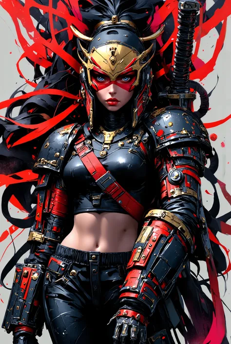 mythp0rt, Inkpunk Anime BREAK, cyberpunk robot samurai woman, robot face with mirrored face shield, hyperdetailed helmet, flowing black hair, reflective black and red armor, robot joints, body made of metals, cables and wires, a katana strapped to her back...