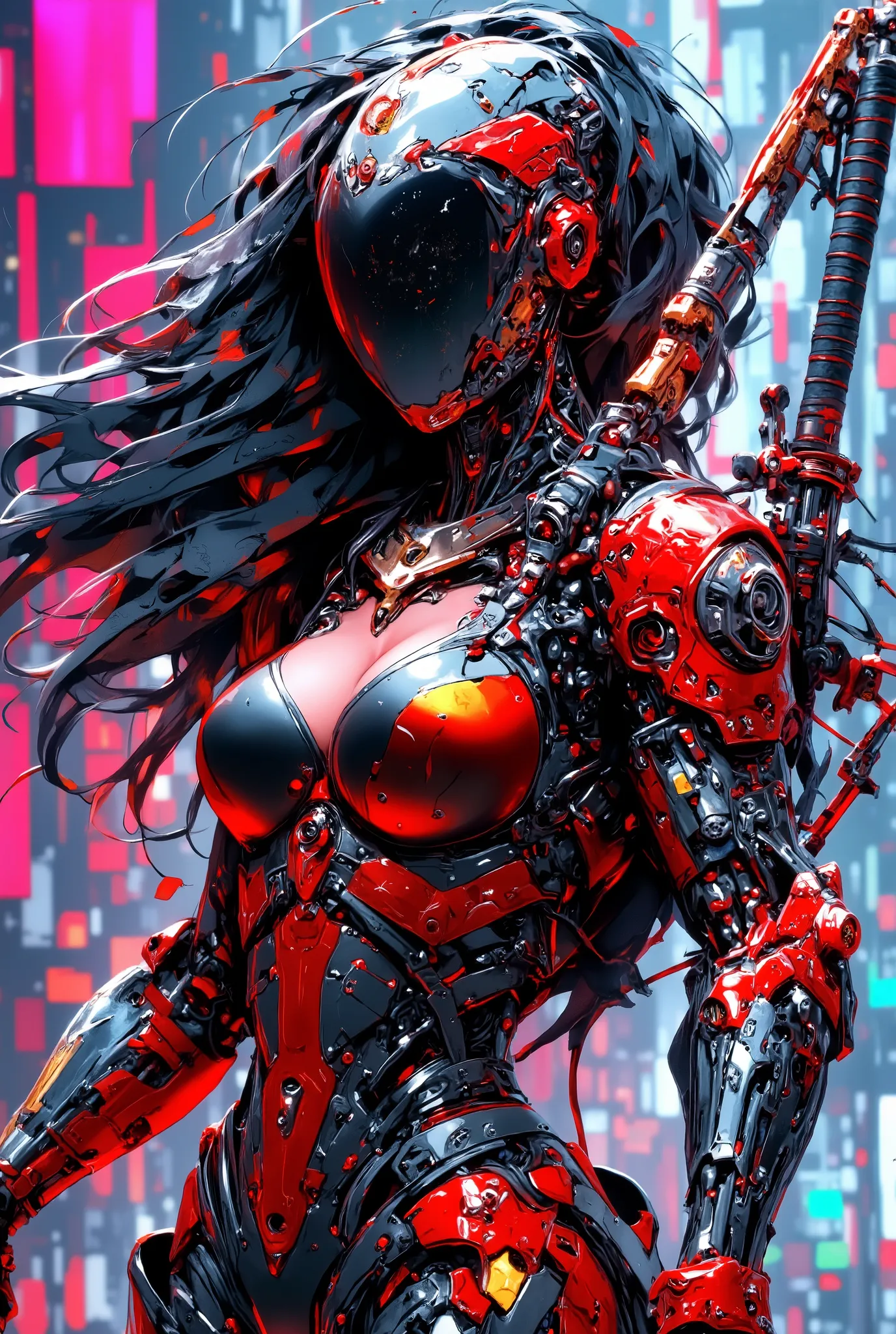 mythp0rt, Inkpunk Anime BREAK, cyberpunk robot samurai woman, robot face with mirrored face shield, hyperdetailed helmet, flowing black hair, reflective black and red armor, robot joints, body made of metals, cables and wires, a katana strapped to her back...