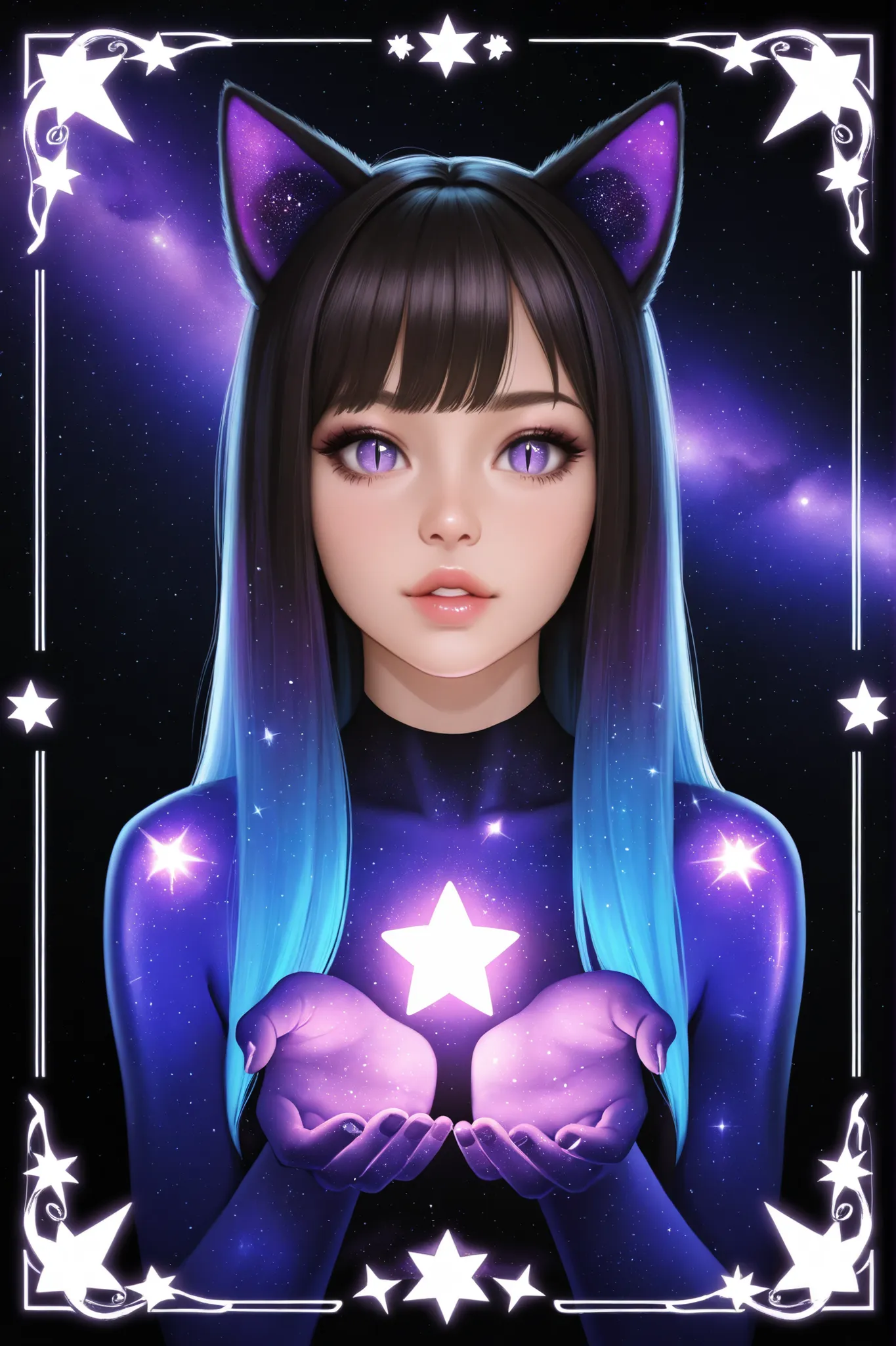 1girl, ultrarealistic, cosmic skin,cosmic face, sparkle, solo, animal_ears, cosmic,stardust_face, ultralong_hair, star_(symbol),female_cancer_zodiac_cat,cancer_zodiac_cat,beautiful_cosmic_ultra_long_lashes_eyes, cosmic_eyes, looking_at_viewer, cat_ears, m...