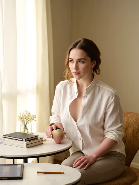 A photorealistic, editorial-style medium shot of Emilia Clarke seated beside a small round marble table bathed in soft morning light. Her dark brown hair is loosely pulled back, with a few delicate strands framing her porcelain-pale face. She wears an over...