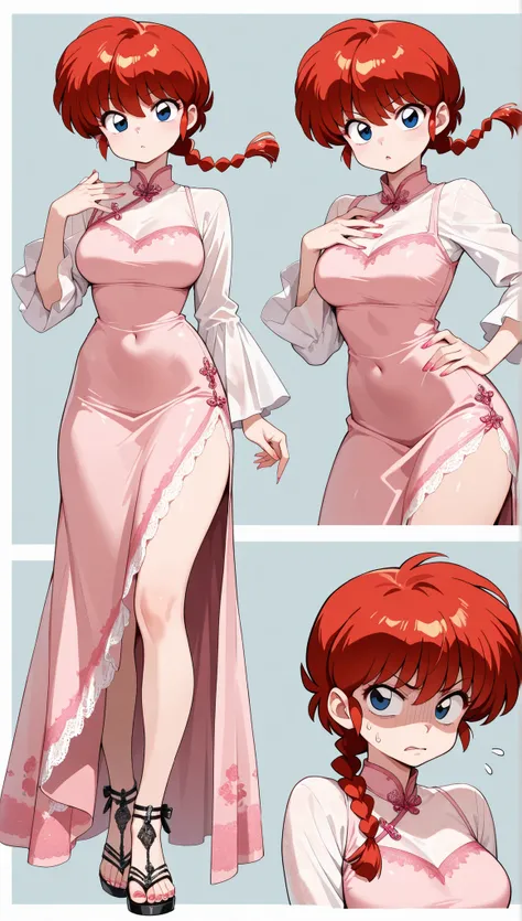 Ranma Saotome, wearing a long-sleeved lace dress, a light pink dress, has a flushed face and an expression of embarrassment and shyness. She is standing, wearing red high-heeled sandals (maximum quality, 4K, 8K, high resolution, masterpiece: 1.2), super de...