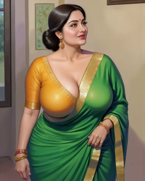 A breathtaking high-quality painting by renowned artist Manimala, centered composition, perfect framing, no cropping, cowboy shot, depicting a beautiful 45-year-old Indian woman, Full body image (top to bottom), (mid shot), big woman, tall woman, long legs, indian hourglass body, Indian plus sized 40 year old, full figured, lovely face, large swooping breasts, belley button exposed, seductive expression in eyes, curvaceous and busty with large breasts and deep cleavage, intricate facial features, serene expression, She wears a red bindi, delicate gold earrings, and a traditional low bun hairstyle with dark, glossy hair parted slightly off-center. The bun is neatly coiled at the nape of the neck, giving an elegant and composed appearance. A few soft, loose strands fall naturally around her temples and cheeks, gently framing her face. The hair has a healthy sheen, appearing well-groomed yet effortlessly graceful, adding a romantic, slightly tousled charm to her traditional look, elegant posture, adorned with delicate jewelry, she is wearing a vibrant green saree with gold embroidery and a matching deep-cut blouse that reveals deep cleavage and her navel. The tight-fitting blouse emphasizes her large bust and curvy waist. She stands with both hands resting on her wide hips, elbows slightly bent, highlighting her hourglass figure, vibrant colors, soft natural lighting, ultra-detailed, vivid hues, 4K resolution, professional masterpiece, highly realistic textures, cinematic depth, intricate brushstrokes, ethereal ambiance