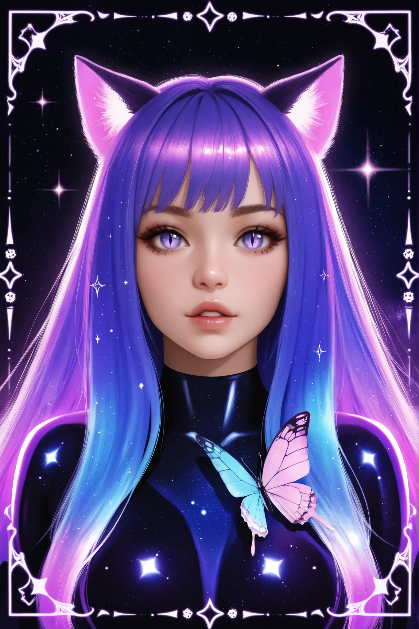 1girl, ultrarealistic, cosmic skin,cosmic face, sparkle, solo, animal_ears, cosmic,stardust_face, ultralong_hair,female_cancer_zodiac_cat,cancer_zodiac_cat,beautiful_cosmic_ultra_long_lashes_eyes, cosmic_eyes, looking_at_viewer, cat_ears, multicolor_hair,...