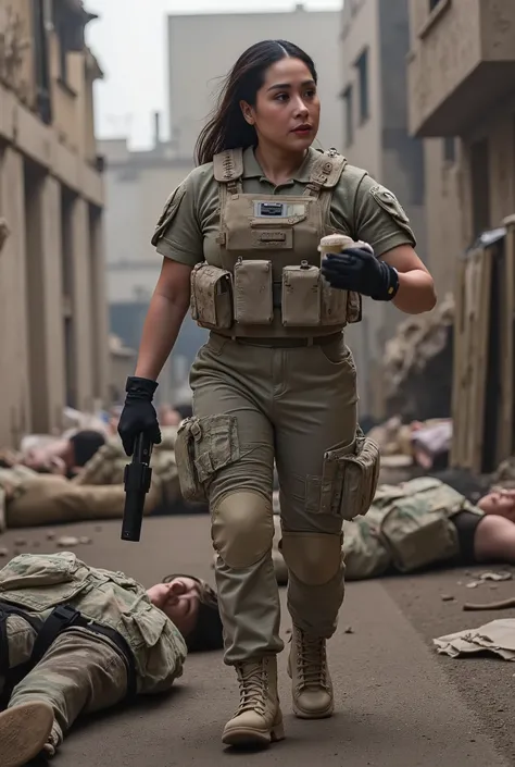 Realistic, real quality, beautiful woman, woman thick hair, woman Delta force Camuflase white outfit, woman delta force armor, woman weapon, woman complete with combat equipment, woman walking in road, all the dead people lying in the streets