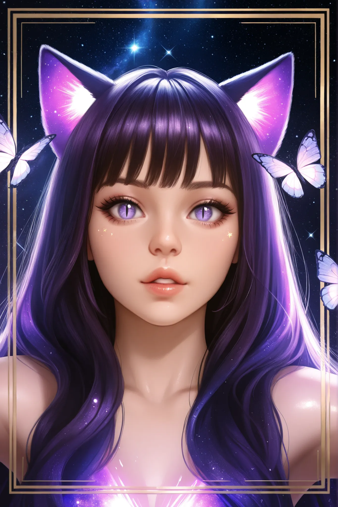 1girl, ultrarealistic, cosmic skin,cosmic face, sparkle, solo, animal_ears, cosmic,stardust_face, ultralong_hair,female_cancer_zodiac_cat,cancer_zodiac_cat,beautiful_cosmic_ultra_long_lashes_eyes, cosmic_eyes, looking_at_viewer, cat_ears, multicolor_hair,...