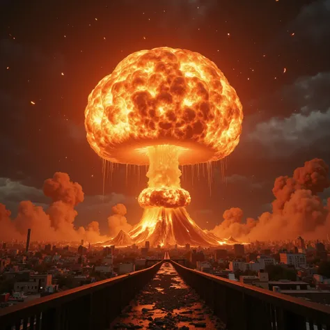 Ultra-realistic, perspective; satellite image, thirteen nuclear bombs are dropped on a major city in China, twelve large mushroom shaped fireballs, highly detailed, 8K, photorealistic, HDR, physically-based rendering, extreme detail, vivid colors, cinemati...