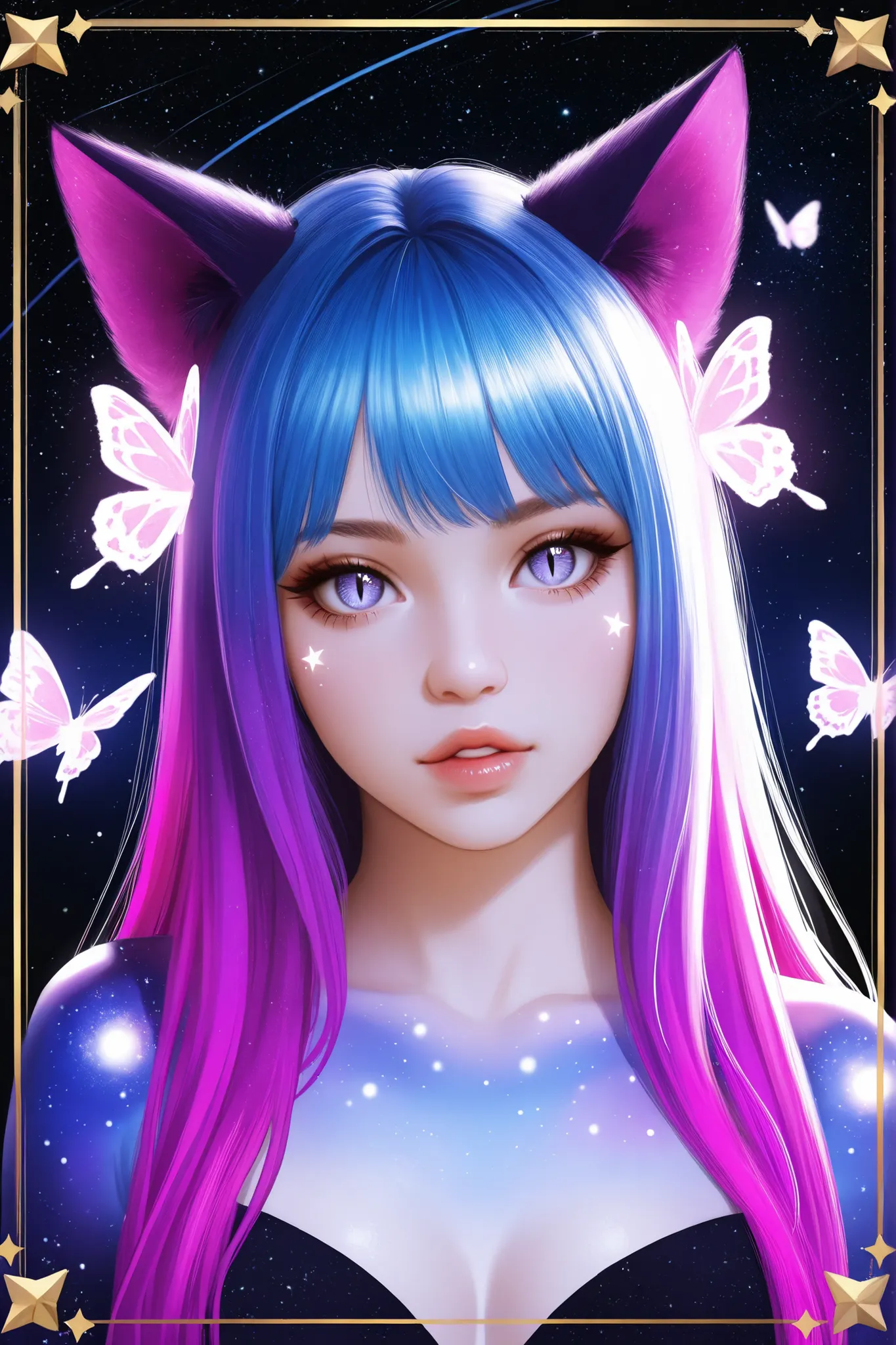 1girl, ultrarealistic, cosmic skin,cosmic face, sparkle, solo, animal_ears, cosmic,stardust_face, ultralong_hair,female_cancer_zodiac_cat,cancer_zodiac_cat,beautiful_cosmic_ultra_long_lashes_eyes, cosmic_eyes, looking_at_viewer, cat_ears, multicolor_hair,...