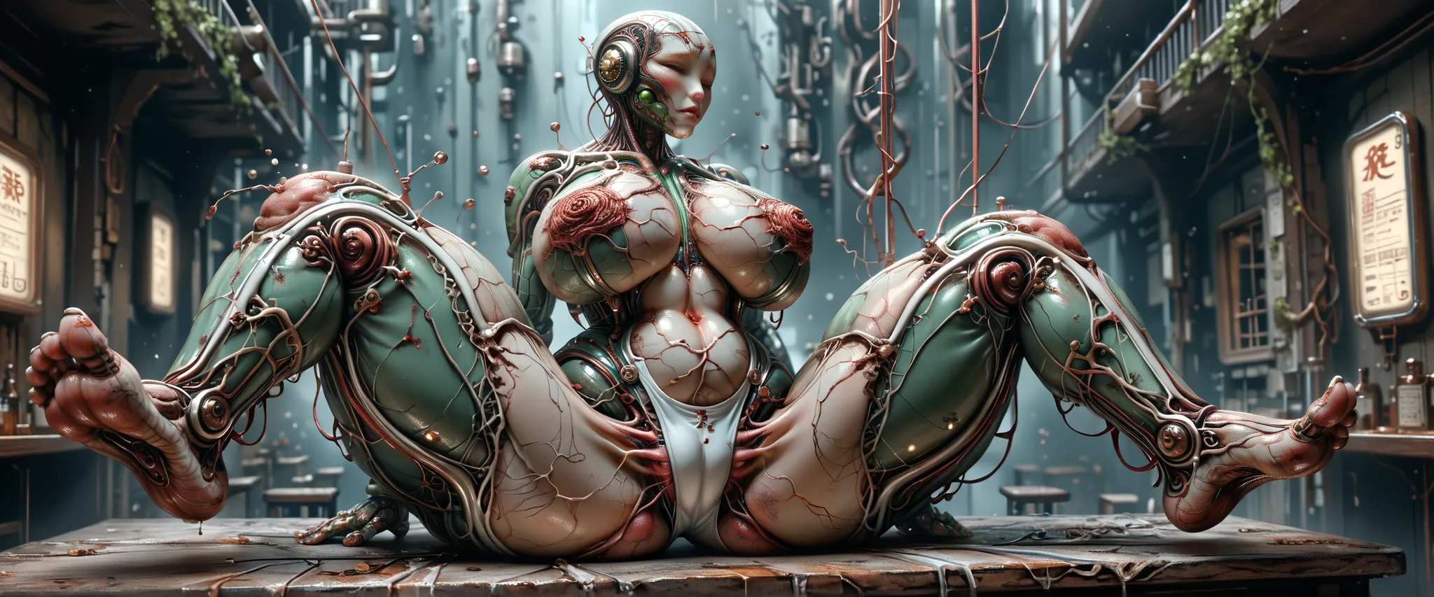 Giant Android female over cityon city, metallic skin, white skin , cracked skin, torn body, adamantium frame, helmet, ethereal hair , no eyes , huge breasts, metal breasts, she has no nipples , enorme trasero, very wide hips, narrow waist, plump ass, th...