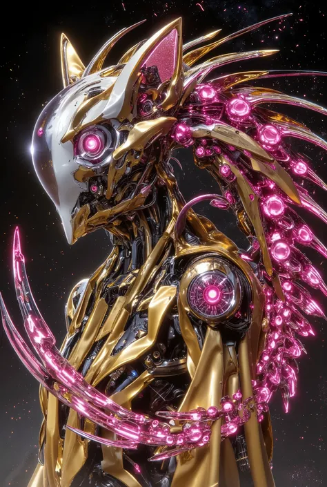 A robotic cat-fish portrayed in a Galactic Neon Graffiti style, combining vibrant, glowing edges with street art aesthetics and cosmic elements. Use a bold color palette of shinny ultra gold and pink roses to accentuate the dynamic energy --ar 3:2 --v 7.0