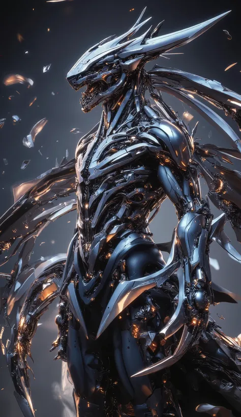 A mechanical dragon rendered in a Twilight Splintered Horizon, featuring jagged silhouettes against a twilight backdrop. Use contrasting copper and ice blue layers to evoke an otherworldly, fragmented atmosphere --ar 3:2 --v 7.0