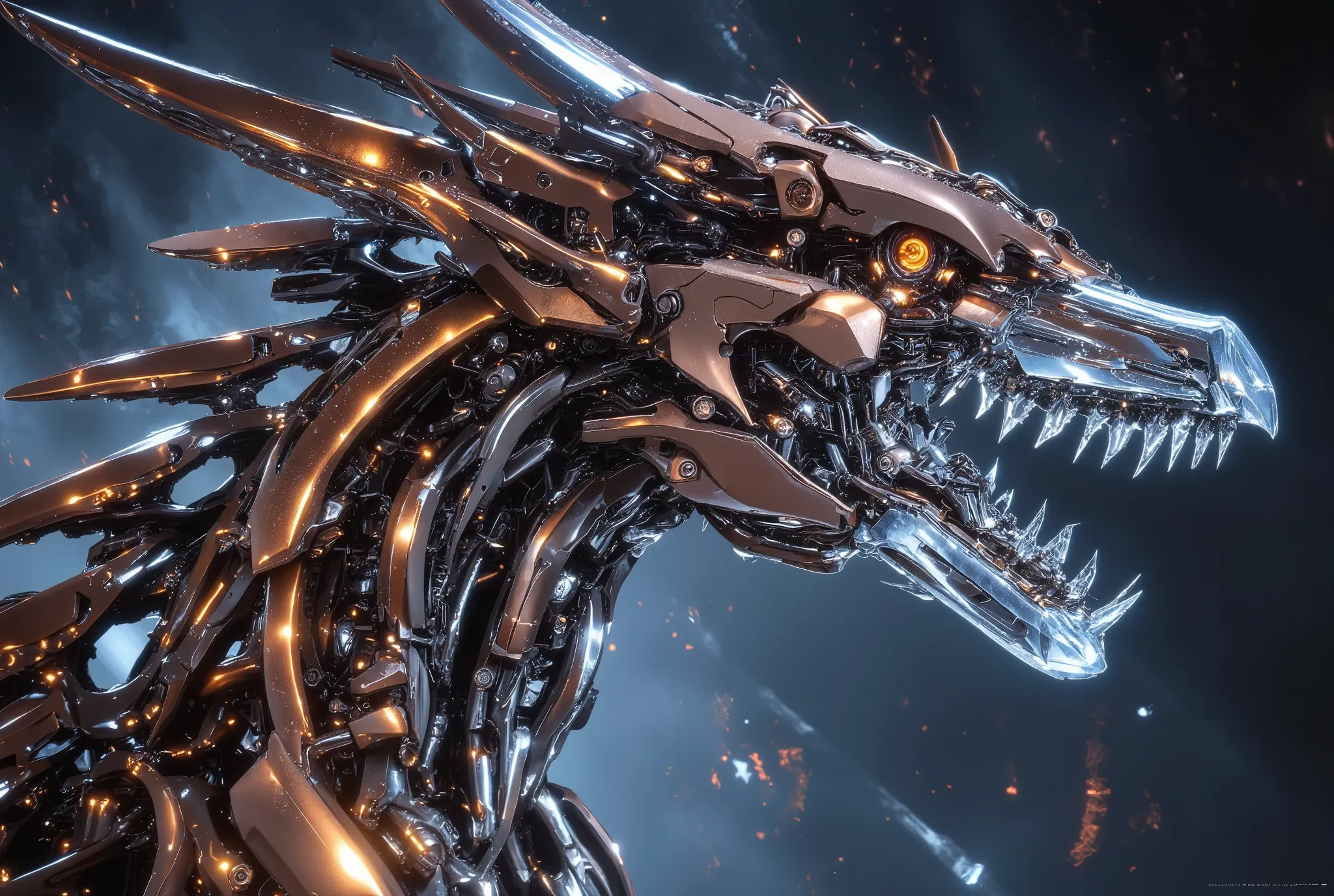 A mechanical dragon rendered in a Twilight Splintered Horizon, featuring jagged silhouettes against a twilight backdrop. Use contrasting copper and ice blue layers to evoke an otherworldly, fragmented atmosphere --ar 3:2 --v 7.0