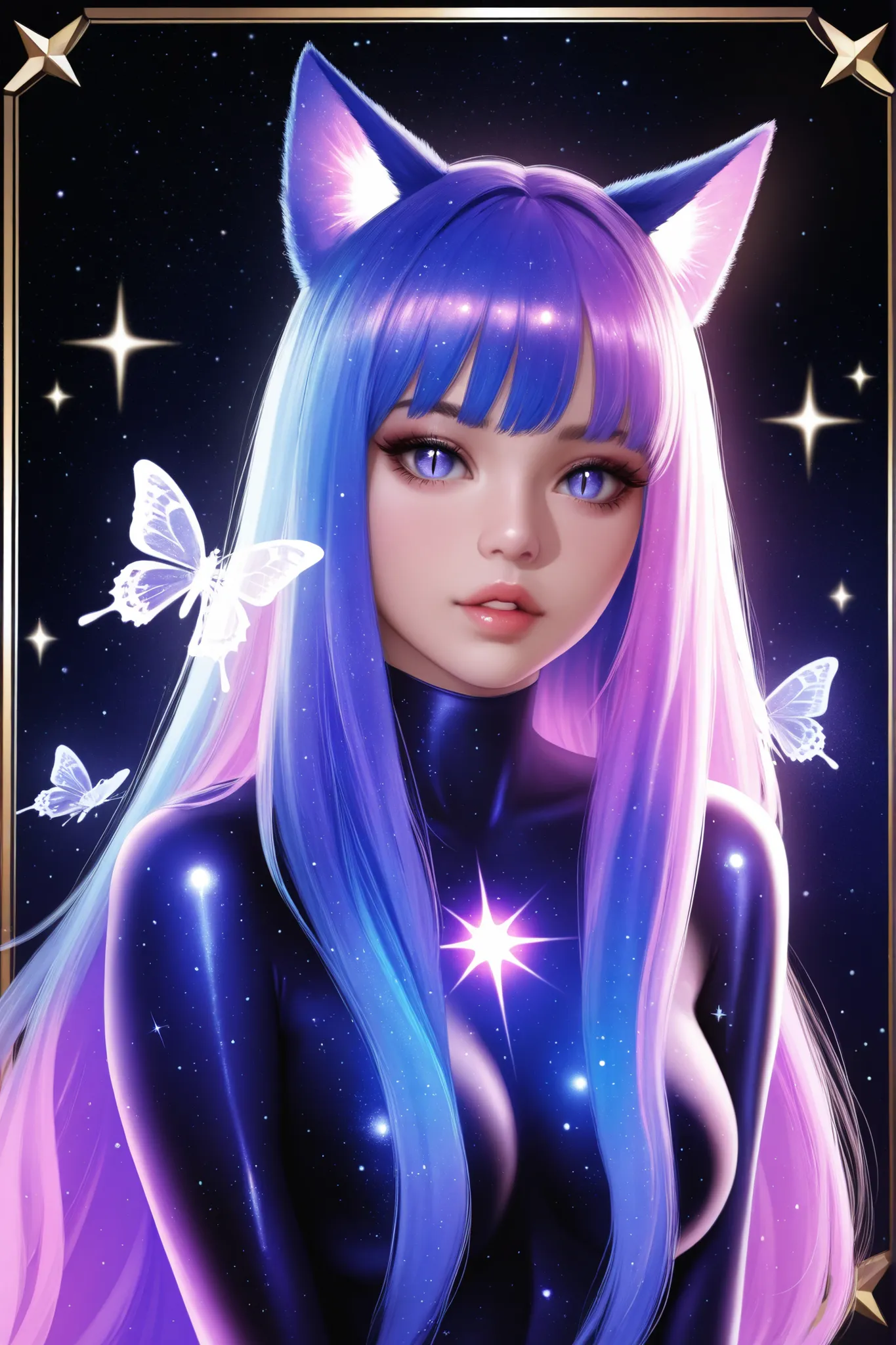 1girl, ultrarealistic, cosmic skin,cosmic face, sparkle, solo, animal_ears, cosmic,stardust_face, ultralong_hair,female_cancer_zodiac_cat,cancer_zodiac_cat,beautiful_cosmic_ultra_long_lashes_eyes, cosmic_eyes, looking_at_viewer, cat_ears, multicolor_hair,...