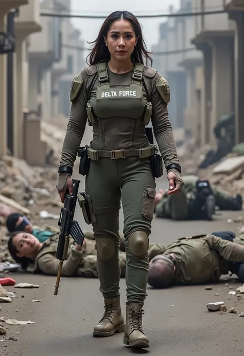 Realistic, real quality, beautiful woman, woman thick hair, woman Delta force Camuflase white outfit, woman delta force armor, woman weapon, woman complete with combat equipment, woman walking in road, all the dead people lying in the streets, quality deta...