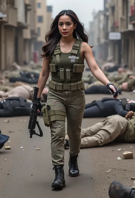 Realistic, real quality, beautiful woman, woman thick hair, woman Delta force Camuflase white outfit, woman delta force armor, woman weapon, woman complete with combat equipment, woman walking in road, all the dead people lying in the streets, quality deta...