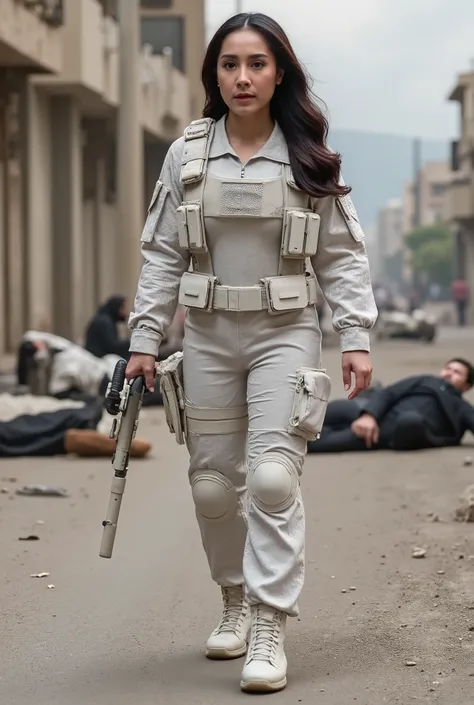 Realistic, real quality, beautiful woman, woman thick hair, woman Delta force Camuflase white outfit, woman delta force armor, woman sniper, woman complete with combat equipment, woman walking in road, all the dead people lying in the streets, quality deta...