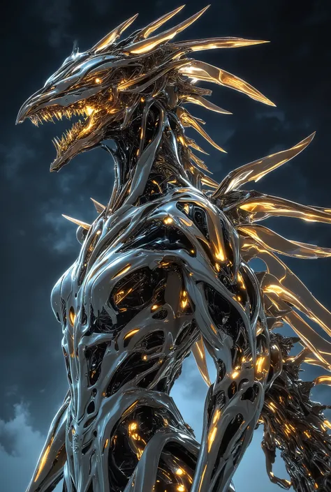 A mechanical dragon rendered in a Twilight Splintered Horizon, featuring jagged silhouettes against a twilight backdrop. Use contrasting cyan hue color and shinny gold glowing in layers to evoke an otherworldly, fragmented atmosphere --ar 3:2 --v 7.0