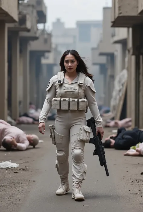 Realistic, real quality, beautiful woman, woman thick hair, woman sexy Delta force Camuflase white outfit, woman delta force armor, woman weapon sniper, woman complete with combat equipment, woman walking in road, all the dead people lying in the streets, ...