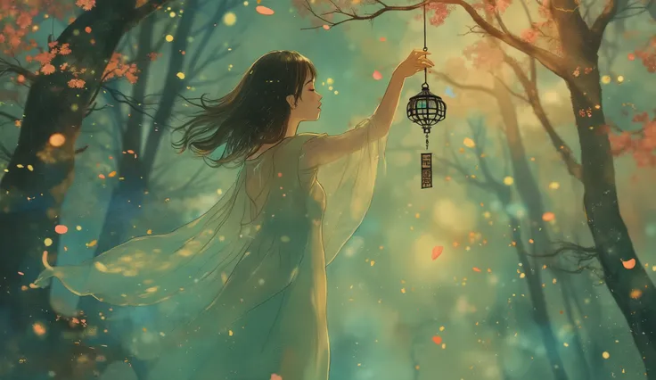 Ethereal female forest spirit made of translucent smoke, delicately touching a hanging Japanese furin wind chime, enchanted forest setting, dappled sunlight filtering through trees, floating pollen particles, gentle breeze, mystical atmosphere, soft diffus...