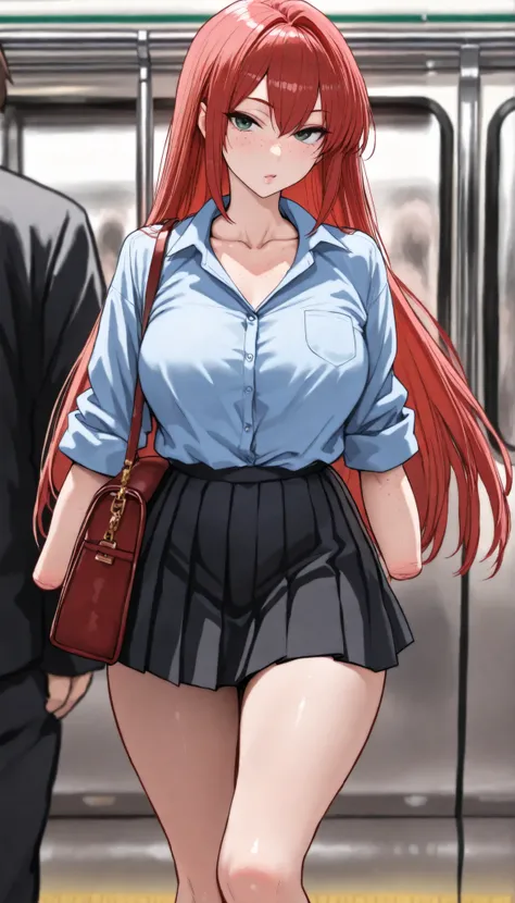 beautiful armless amputee girl dressed in blue shirt with rolled sleeves and skirt in a subway, girl, cute, sassy, green eyes, (freckles), redhead, ((long straight red hair)), (shoulder bag), ((light blue button down shirt)), (((rolled up sleeves))), ((mis...