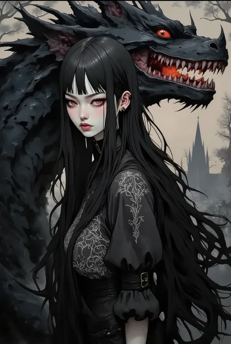 a woman with long straight black shiny hair and lilac eyes, which suggests a mythical character. She has pale porcelain skin, long false eyelashes, full dark red matte lips and a serious expression on her face. She is dressed in dark flowing clothes made o...