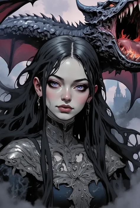a woman with long straight black shiny hair and lilac eyes, which suggests a mythical character. She has pale porcelain skin, long false eyelashes, full dark red matte lips and a serious expression on her face. She is dressed in dark flowing clothes made o...