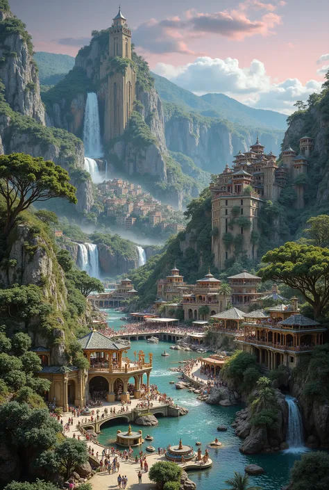 A vibrant tropical RPG city nestled among towering mountains and massive waterfalls. Colorful and aesthetic buildings line the streets, with people walking, shopping at open markets, and interacting. The city blends natural beauty with a fantasy atmosphere...