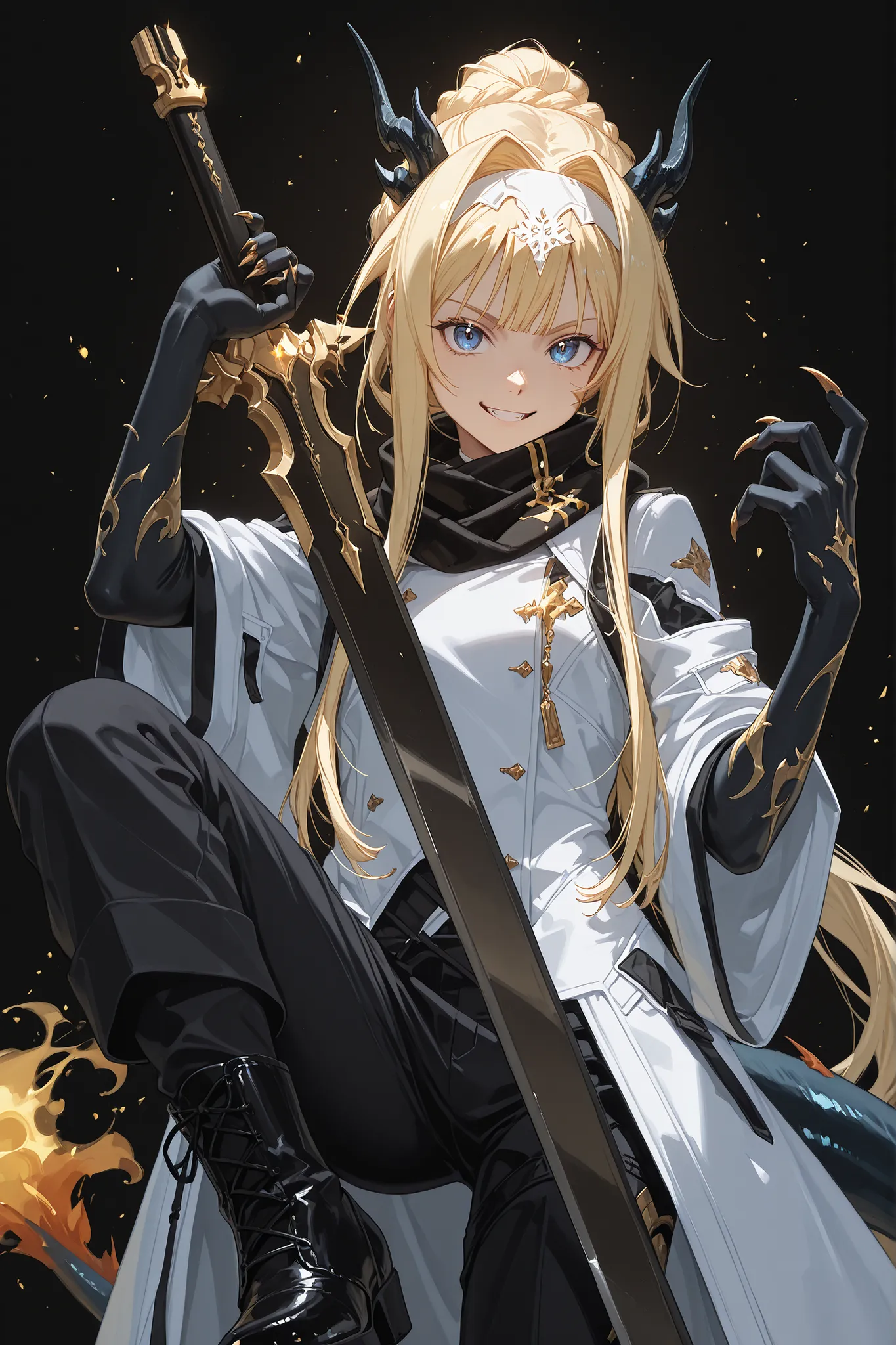 Solo, 1 boy, young, , androgynous, facing the viewer, golden hair, Alice Zuberg's hairstyle in Sword Art Online, Alice Zuberg's face in Sword Art Online, long bangs, blue eyes, perfect anatomy, student, long and black hfour black orns similar to Reed's fro...