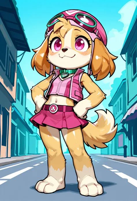 score_9,score_8_up,score_7_up, source_cartoon, source_furry, solo, 1girl, Skye, dog, young, furry female, anthro, body fur, small breasts, fluffy loop dog ears, ((goggles, pink pilot hat, Skye collar, pink vest, sleeveless, midriff, pink mini skirt, barefo...