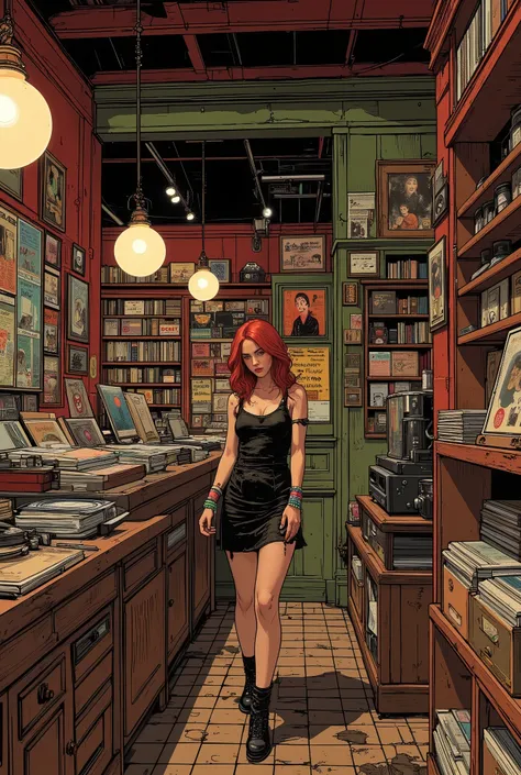 A small, cozy vinyl record store with rich finishes. The walls are covered with records and vintage music posters. The interior is decorated in warm burgundy and green tones, which creates a nostalgic, welcoming atmosphere. There is a wooden counter in the...