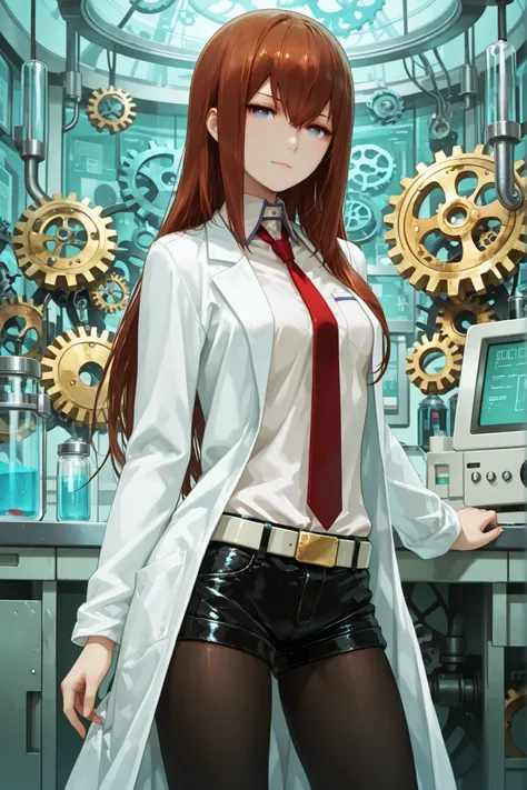 1girl, makise kurisu, blue eyes, short shorts, long hair, pantyhose, necktie, jacket, shorts, shirt, pantyhose under shorts, lab coat, straight hair, gears, dress shirt, belt, hair between eyes, collared shirt, standing, looking at the viewer, gentle smile...