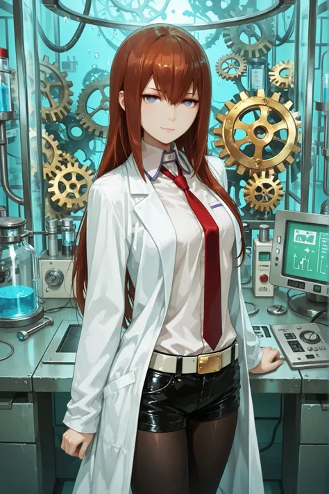 1girl, makise kurisu, blue eyes, short shorts, long hair, pantyhose, necktie, jacket, shorts, shirt, pantyhose under shorts, lab coat, straight hair, gears, dress shirt, belt, hair between eyes, collared shirt, standing, looking at the viewer, gentle smile...